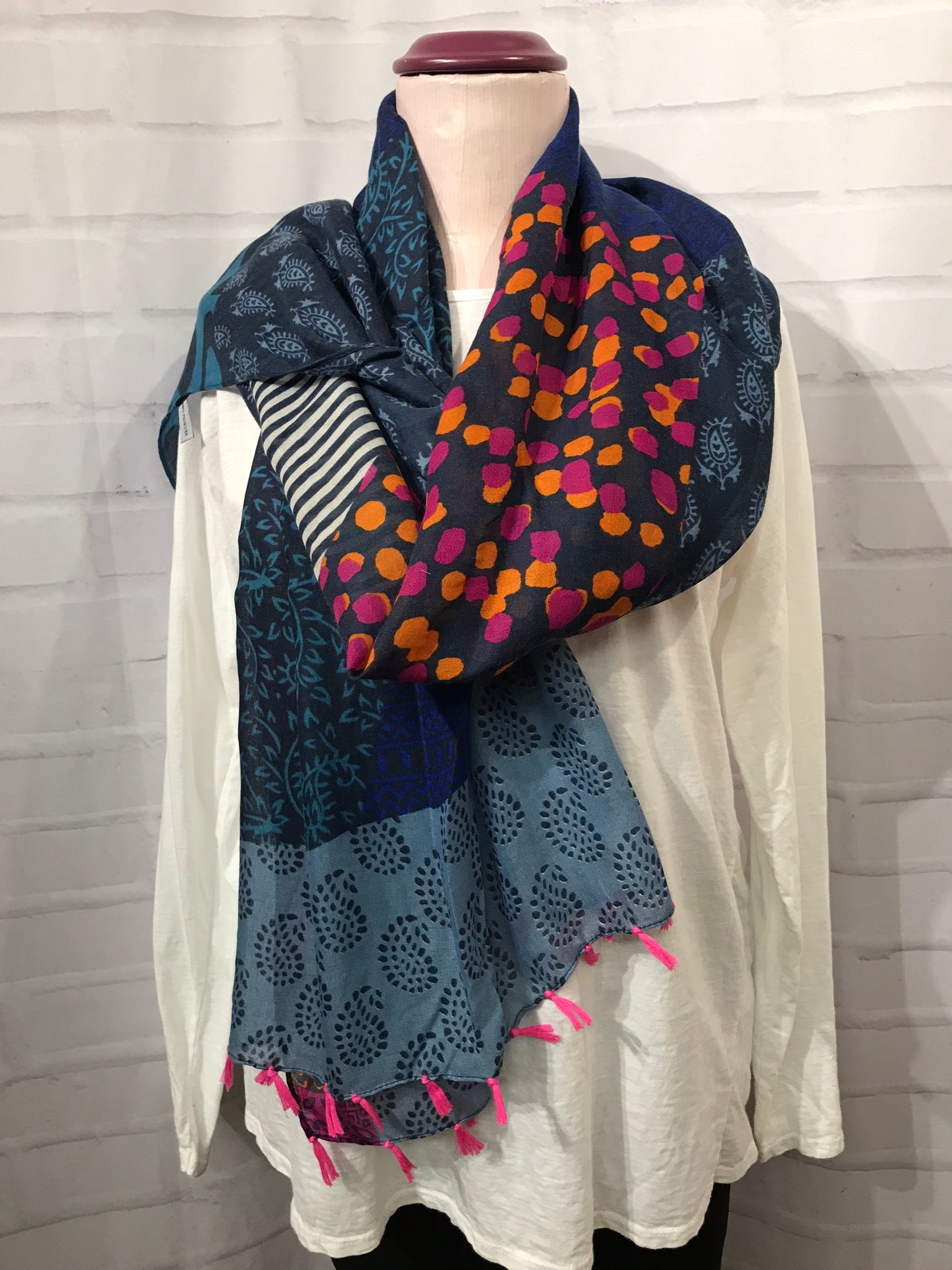 Blue Patchwork Scarf with Tassels