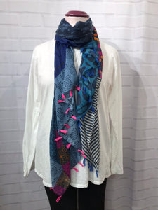 Blue Patchwork Scarf with Tassels