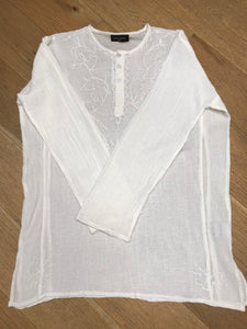 Long sleeves - wear rolled up when the weather's warm Round neck with button placket fastening Self coloured embroidery on the front & back Tie Dye - all slightly different due to hand dye techniques 100% Cotton crepe (cheesecloth) Actual measurements:- Chest approx 44-46”; Back length approx 27-28”; Underarm sleeve approx 17” Cool hand wash - dry out of direct sunlight