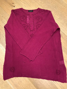 Long sleeves - wear rolled up when the weather's warm Round neck with button placket fastening Self coloured embroidery on the front & back Tie Dye - all slightly different due to hand dye techniques 100% Cotton crepe (cheesecloth) Actual measurements:- Chest approx 44-46”; Back length approx 27-28”; Underarm sleeve approx 17” Cool hand wash - dry out of direct sunlight