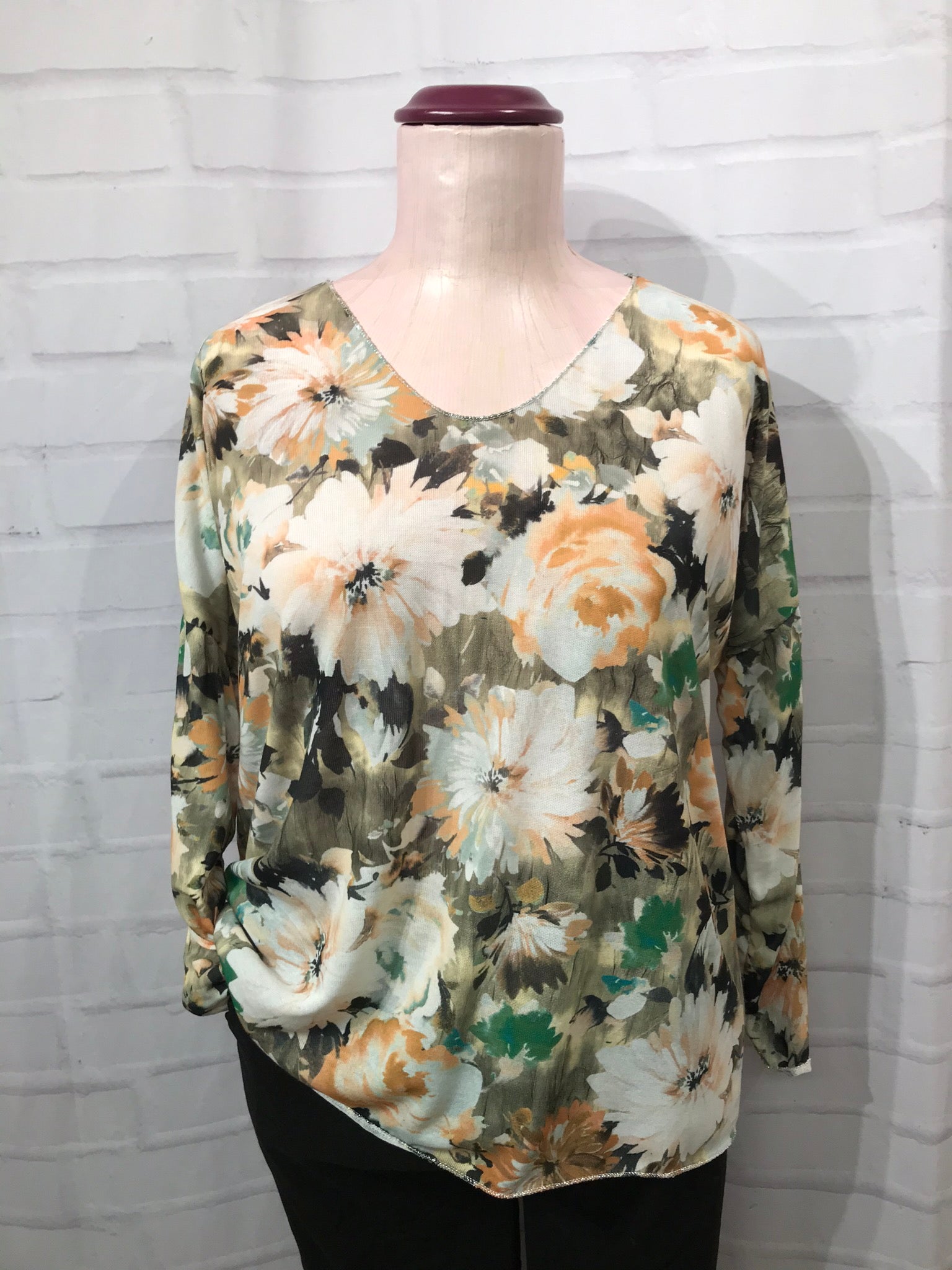 Floral Lightweight Knit Top - Khaki Green