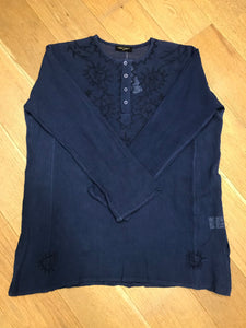 Long sleeves - wear rolled up when the weather's warm Round neck with button placket fastening Self coloured embroidery on the front & back Tie Dye - all slightly different due to hand dye techniques 100% Cotton crepe (cheesecloth) Actual measurements:- Chest approx 44-46”; Back length approx 27-28”; Underarm sleeve approx 17” Cool hand wash - dry out of direct sunlight