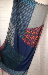 Blue Patchwork Scarf with Tassels