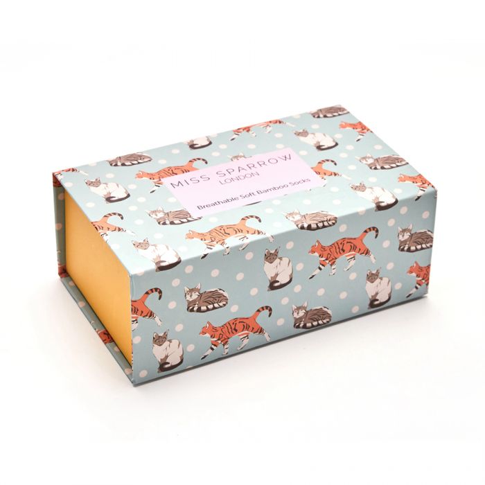 Three pairs of super soft Bamboo Socks in a fabulous gift box. What's not to love!  Miss Sparrow - Cats & Spots – fits shoe size 4-7  54% Bamboo 22% Cotton 16% Polyester 6% Nylon 2% Elastane